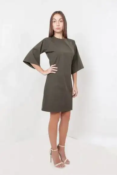 Petite mini Tomoto dress in olive green by Narrow Arrow :: BombPetite.com