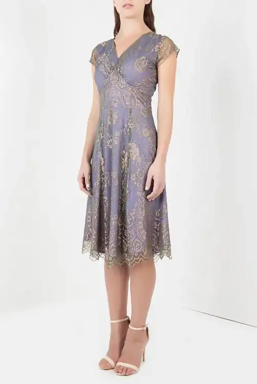 PETITE Kristen dress in bronze and violet lace by Nancy Mac :: BombPetite.com